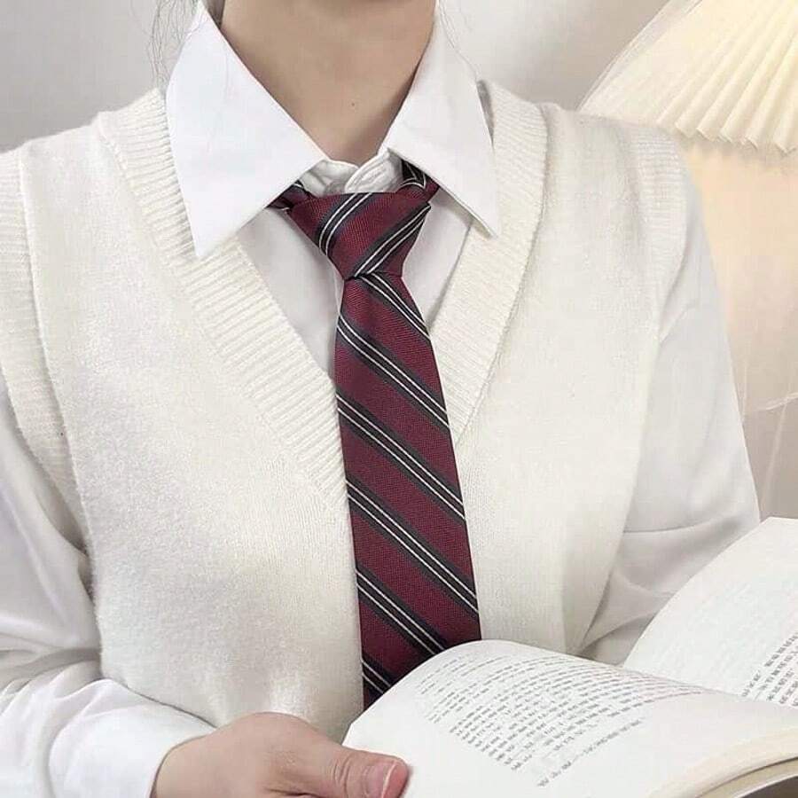 1pc Women's Striped Tie, Casual College Style Necktie, Suitable For Halloween Costume, Maroon - Wine Red - View 1