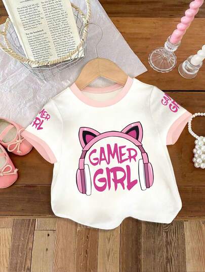 Cute Kitty Headphones & Girls Letter Print White Crew Neck Short Sleeve T-Shirt, New Arrival Summer & Spring Girls Clothing