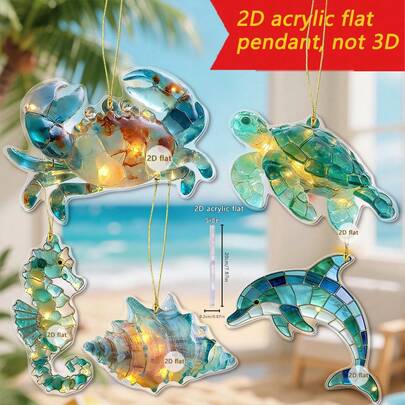 1/5 piezas Decoraciones colgantes de estilo oceánico 2D planas de acrílico con delfín, tortuga, cangrejo, caballito de mar y concha marina, decoración para espejo retrovisor de coche, accesorios para bolso y llavero, regalos para amigos y familiares