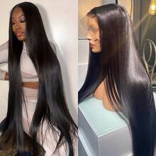 34英寸 200%密度 5x5 13*4 无胶佩戴假发，混合真人发直发蕾丝前假发，混合真人发 13x4 高清透明蕾丝前真人发假发，女士款 13x4 黑色自然蕾丝假发，预先拔毛，带婴儿毛 - 自然色&黑色系 - 查看 4