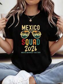 Women's Mexico Squad 2026 Making Memories Together T-Shirt - Short Sleeve Crew Neck Casual Top With Letter Print & Mexico Squad, Spring Summer Vacation Outfit Suitable For Summer & Spring Wearable Fan Accessory (Machine Washable) - 黑色 - 查看 6