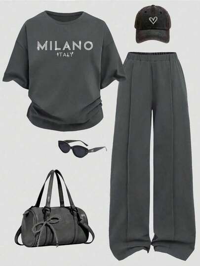 2pcs Girls Casual Set - Loose Knit Graphic Print Crew Neck Top And Relaxed Shorts, Suitable For Daily Wear, Back To School, Vacation, Family Outdoor Activities, Spring Picnics And Various Occasions