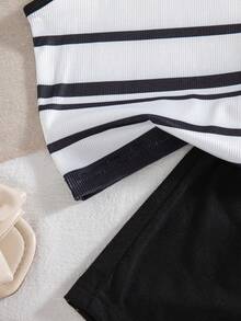 2pcs Girls Casual Striped Heart Print Sleeveless Top And Shorts Set, Summer - Black - View 6