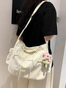 1pc Contrast Color Corduroy Star Decor One Shoulder Bag, Fashion Casual Large Capacity Corduroy Crossbody Bag With Anti-Theft Zipper, Student School Backpack, Holiday Gift