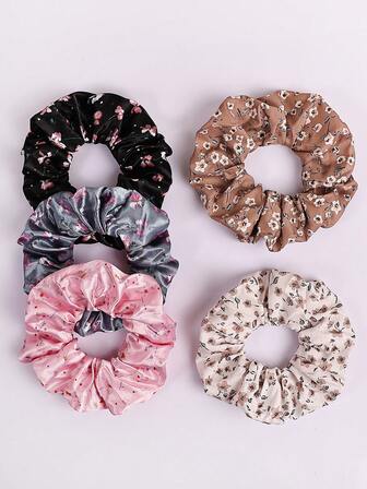 5pcs Elegant Floral Satin & Chiffon Scrunchies, Suitable For Women Outdoor, Travel, Vacation Hair Accessories