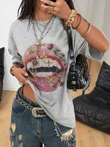 2026 Summer ShirtCoolane Women's Summer Concert Streetwear Vintage Casual Y2K Hippie Old Money Comfortable Lips Graphics Oversized White TeesLoose An - 淺灰色 - 查看 5