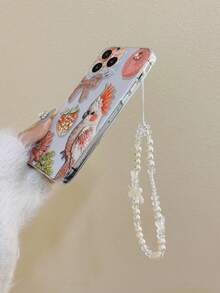 1pc Parrot & Peach Transparent Thickened Anti-Drop Painted Phone Case With Beaded Bracelet Accessory, Compatible With IPhone, Redmi - Multicolor - View 4