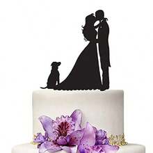 DWedding Cake Topper Black Color Acrylic Silhouette Couple Bride And Groom Dog Wedding Party Decorations - 如圖 - 查看 2