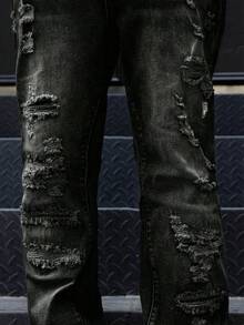 Men's Flared Jeans, Slim Fit Distressed Flare Leg Jeans, Y2K Stacked Jeans, Contrast Wash Embroidered Jeans, Suitable For All Seasons