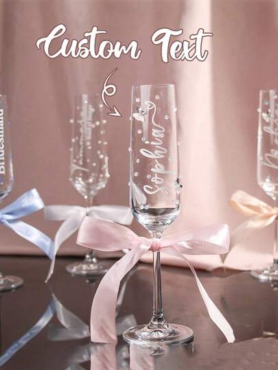 Personalized Champagne Glasses, Bridal Party Wine Glasses, Customizable Name And Title, Including Bow, Suitable For Weddings, Anniversary, Valentine's Day, Wedding Decorations, Parties, Proms And For Bridesmaid Gift.
