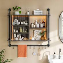 LED 4-Tier Industrial Pipe Floating Shelf 8 S-Hooks Wall Shelves For Kitchen Living Room Storage Cabinet - Dark Grey - View 5