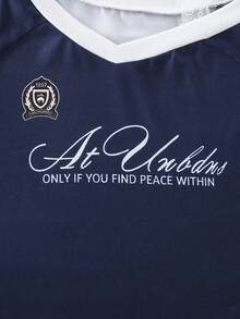 1pc Girls Sweet & Spicy Lace V-Neck Asymmetrical Hem Fitted Short Sleeve T-Shirt With Badge & Letter Print, Summer - Blue - View 3