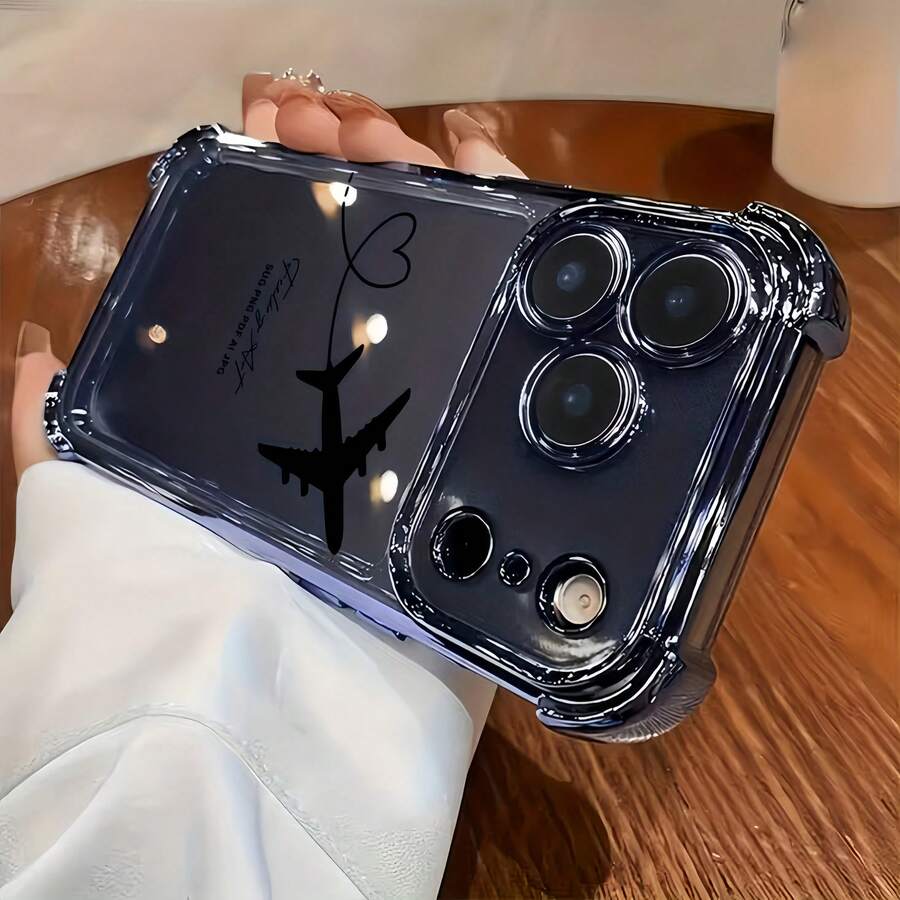 1pc Luxury Fashion Shockproof Heart-Shaped Camera Lens Protective Phone Case Compatible With Apple 6/7/8/X/XS/XR/11/12/13/14/15/16/16E/17/17PM, Galaxy S22/23/24/25/S24 FE/S25 EDGE, A04/05/06/A14/A15/A16/A24/A25/A34, Redmi Note 7/8/9/10/11/12/13, Redmi 9/10/12/13C - Blue Airplane - View 1