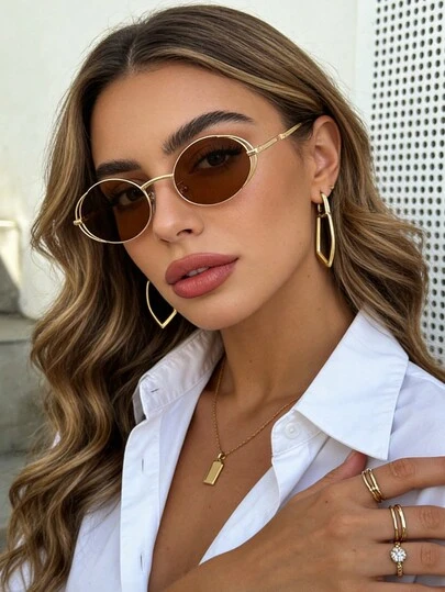 1pc Oval Metal Frame Fashion Fashion Glasses, Unisex Retro Metal Glasses, Suitable For Vacation, Beach, Daily Outfit, Street Style
