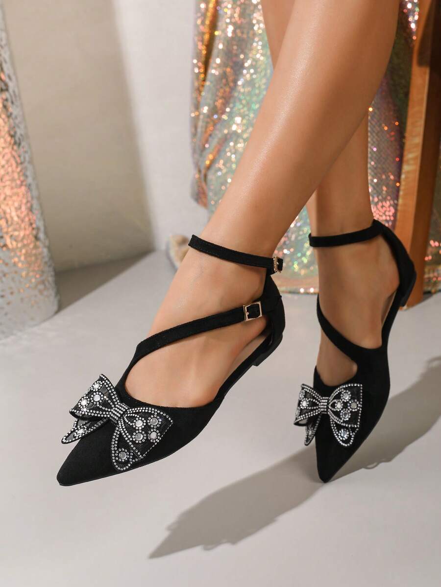 New Fashion Women's Pointed Toe Black Rhinestone Bow Mary Jane Shoes - Black - View 1