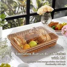 13.8 X 9.6 Inch (34.9 X 24.9 Cm) Large Rattan Bread Basket With Acrylic Cover, Tabletop Food Service Basket, Fruit Tray, Woven Food Platter, Suitable For Kitchen, Dining Room