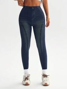 女士印花牛仔效果高腰修身休闲打底裤 - 藏蓝色 - 查看 3