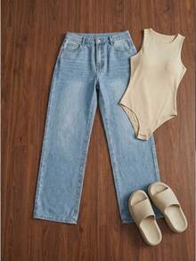 Women's High Waisted Wide Leg Jeans - Light Wash Straight Denim Pants Relaxed Fit Minimalist Aesthetic - 淺色水洗藍 - 查看 4