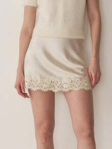 Women Lace Trim Satin Mini Skirt Y2k Lacy Skik A Line Half Silp Short Skirt Cute Low Rise Underskirt Extender Summer Going Out Club Skirts - Rượu sâm banh - Xem 5