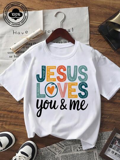 Valentine's Day Women's Short Sleeve Crew Neck T-Shirt Religious Graphic "Jesus Loves You & Me" Print Loose Fit Casual Top Comfortable Soft Tees For Holiday Party Daily Wear Plus Size Available