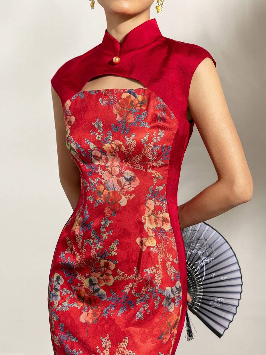 Women's Mandarin Collar Cheongsam Dress, Side Slit, All-Over Printed - Fitted Sleeveless Modern Mid-Length Cheongsam Dress, Suitable For Professional Business Occasions, Office Parties, Wedding Guest Attire, Cultural Celebrations And Elegant Daily Wear.