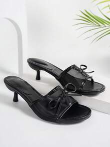 New Soft Mesh Design, Bow Decor, Leather Round Toe Flat Slippers, Kitten Heel Sandals, Multi-Function Thin Heel Lace-Up Sandals, Designed For Women, Casual & Versatile - New Summer Collection - Comfortable & Casual - Daily Wear - Beach & Resort - Black - View 2