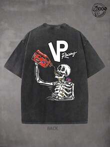 VP Racing Skeleton-Shirts, Eye-Catching Graphic-Shirts, Drifting And Racing Life Clothes Specially Designed Car Lovers; 230G Washed Cotton Double-Sided Printed-Shirt, Mens Clothes, Comfortable And Stylish, Men Gifts,Graphic Tee,Streetwear, Outdoor SportsUnisex Casual-Shirts - màu đen - Xem 3