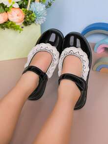 女童新款公主皮鞋，软底防滑幼儿鞋，时尚儿童蕾丝边饰鞋 - 黑色 - 查看 6