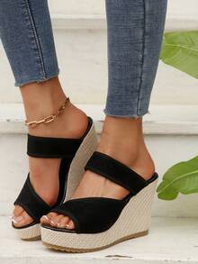 女士纯色休闲凉鞋，厚底套脚鞋，夏季坡跟度假鞋，编织底沙滩度假女士编织厚跟复古露趾穆勒鞋 - 黑色 - 查看 10