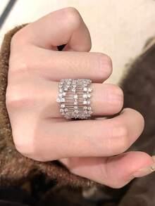 1 chiếc nhẫn đồng đơn cao cấp thiết kế lưới rỗng, bản rộng, khảm đá zirconia tổng hợp siêu sáng bóng, thanh lịch, chắc chắn, nhẹ, có thể điều chỉnh kích thước, dành cho nữ. - Bạc - Xem 3