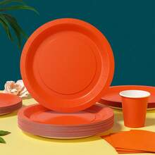 Orange & Red Disposable Plates, Napkins, Cups - 25 Guest Party Supplies Set, Disposable Paper Plates Tableware Suitable For Birthday, Wedding, Theme Party, Family Picnic - Multicolor - View 3