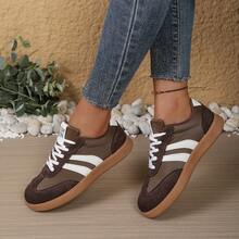 春秋新款条纹系带女式休闲运动鞋，适合校园、通勤、日常休闲穿着，时尚百搭，方便穿脱。 - 棕色 - 查看 12
