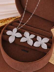 3pcs/Set Luxurious Leaf Cubic Zirconia Necklace & Earrings Jewelry Set For Women - Leaf - View 10
