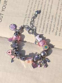 1 chiếc vòng tay quyến rũ hình chú rô bốt dễ thương, vòng tay kẹo mút hình trái tim tự làm, vòng tay hoa, vòng tay mặt dây chuyền chìa khóa hình trái tim, vòng tay phong cách đáng yêu - Hồng - Xem 8