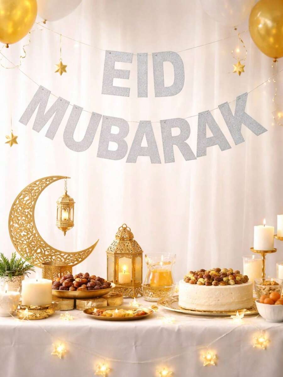 Eid Mubarak Banner Decorations, Silver Glitter Letter Garland, Ramadan Eid Party Supplies, Islamic Holiday Hanging Banner For Home, Living Room & Mosque Decor - Silver - View 1