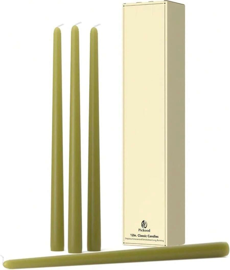 Pickood 12-Inch Tall Dripless Taper Candles Set Of 4 - Olive Green Tapered Candles, Perfect For Halloween - Smokeless, Unscented, Long Burning - Hand Poured, Colored Tall Candlesticks - Oliva - Màu sắcK - Xem 1