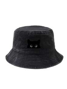 1 chiếc mũ tai bèo in hình mèo đen mới, thích hợp cho các hoạt động ngoài trời, mũ chống nắng độc đáo, phong cách thường ngày, chất liệu polyester. - Nhiều màu - Xem 7