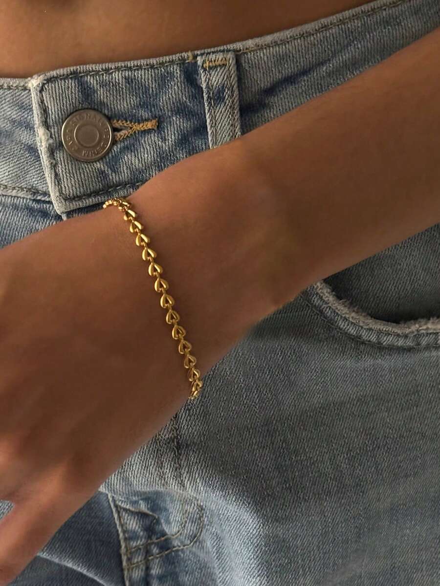 1pc Women's Layered Heart Tassel Stainless Steel Bracelet, Waterproof Beach Vacation Accessory, Daily Gift Jewelry (Random Heart Bead Count, No Gift Box) - Yellow Gold - View 1