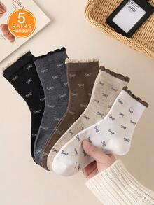 1/3/5/10 Pairs Of Women's Random Bow Solid Color Bubble Mouth Fashionable Mid Tube Socks, Soft, Comfortable, Breathable, Versatile, Cute And Casual In All Seasons, Suitable For Daily Outings And Gatherings - Multicolor - View 7