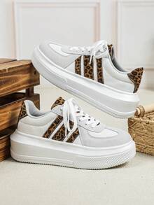 Multi-Functional Women's Ultra-Light, Soft, Breathable Tennis Shoes, Elegant Women's Platform Shoes With Leopard Print Accents, Step-In Design, Easy To Put On And Take Off, Perfect For Sports, Fitness, Running, And Stylish Outdoor Walks. - White and Gray Leopard Print - View 4