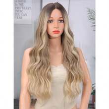 DBlonde Wigs For Women Lace Front Hairline Wig Long Ombre Blonde Wavy Wig With Dark Roots Blond Womens Charming Natural Looking Synthetic Wigs For Daily Party Use 26 Inch - DarkBlonde - View 2