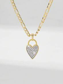 1pc Classic European Style Copper Inlaid Zirconia Heart Pendant Necklace, Limited Edition "Light Of Protection", Suitable As Gift For Christmas, Thanksgiving, Halloween, Mother's Day, Valentine's Day, Friends, Communion, Daily Wear, Prayer - Yellow Gold - View 2