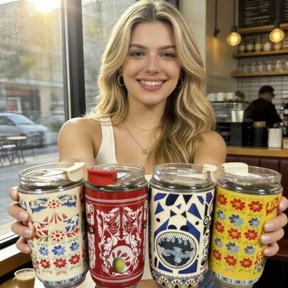 New High-Quality Double-Sided Pattern Insulated Tumbler, Office Portable Cup, Coffee Mug, Outdoor Travel Car Cup, Stainless Steel , Vacuum Insulated Beverage Cup, Suitable For Students And Adults At Home, School, Office, Party, Camping, Picnic. Each Side Has A Different Pattern.