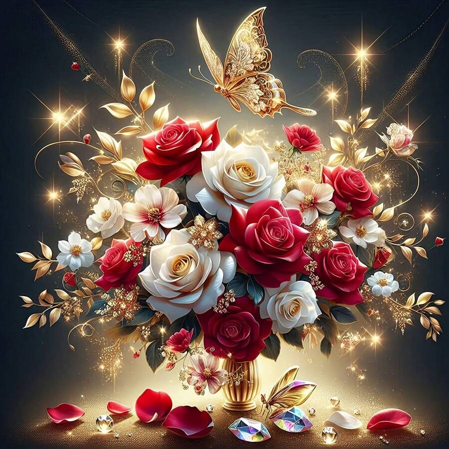 5D DIY 全钻玫瑰花蝴蝶钻石画套装，新款热销高清画布，闪亮钻石家居装饰礼品，女士礼物，成人手工 - 彩色 - 查看 1