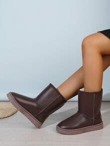 1 Pair Thick Plush Tall Boots, Thick Sole Versatile Women Slip-On Mid-Calf Boots - Brown - View 1