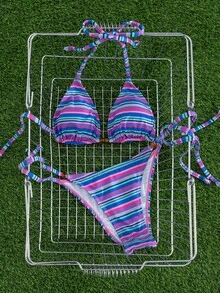 Bộ bikini sọc buộc dây cổ yếm thời trang mới dành cho nữ, bao gồm áo tam giác và quần bikini, thích hợp cho kỳ nghỉ hè trên bãi biển. - Xanh đậm - Xem 5