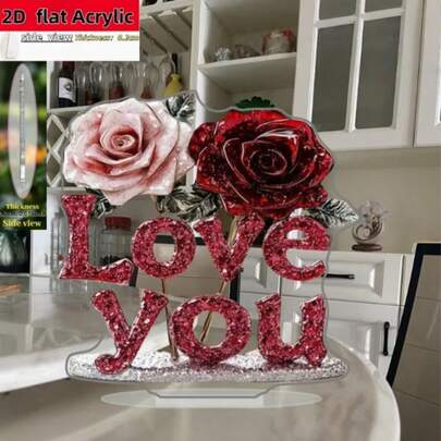 2D平面玫瑰花摆件，1朵，创意桌面装饰，亚克力材质，L型设计，适合家居、农舍、客厅、卧室、商店、办公室等场所摆放，四季皆宜，节日礼物，2D平面