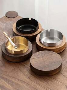 1pc Stainless Steel & Wood Creative Covered Ashtray For Home & Office Use - Multicolor - View 3