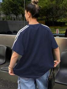 1件少女户外休闲时尚撞色条纹短袖T恤，春夏秋季款 - 藏蓝色 - 查看 7