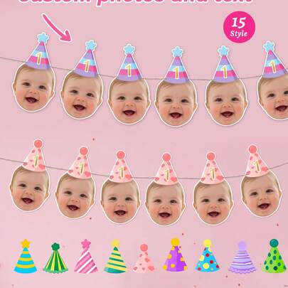 7/14/21pc Custom Face 1st Birthday Banner – Personalized Photo Garland,Custom Happy Birthday Photo Banner Flag,Birthday Bunting Banner, Photo Banner, Birthday Face Banner, First Birthday Party, Face Party Banner,For Family